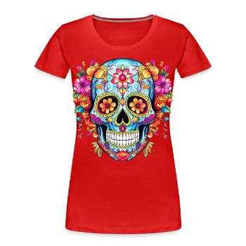 Mexikanischer Totenkopf, Blumen, Schädel, floral - Frauen Premium Bio T-Shirt - Rot - Vorne - Mia (176cm)