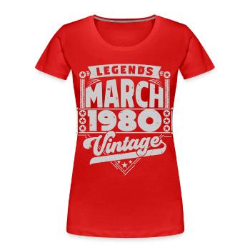 Vintage Anniversary Gift March 1980, March 1980. - Women's Premium Organic T-Shirt - red - Front - Mia (176cm)