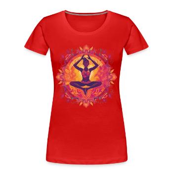 Purple/Pink/Yellow Buddha Yoga Motif with Ornaments - Women's Premium Organic T-Shirt - red - Front - Mia (176cm)