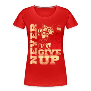 Never give up - Workout - Fitness - EN - Frauen Premium Bio T-Shirt - Rot - Vorne - Mia (176cm)