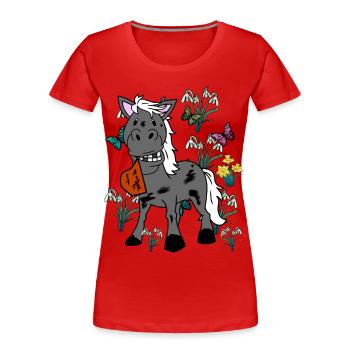 Pferd Pferde Frühling Pony Gaul Ross Reiterin - Frauen Premium Bio T-Shirt - Rot - Vorne - Mia (176cm)