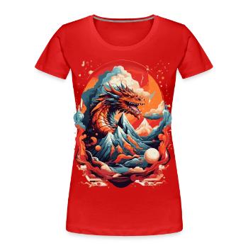 DRACHE ZWISCHEN BERGEN & LAVA & FEUER, RETRO - Frauen Premium Bio T-Shirt - Rot - Vorne - Mia (176cm)