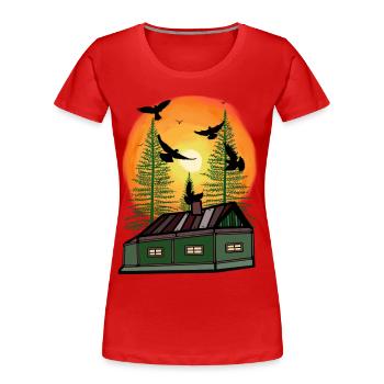 Immobilie Haus Hütte wohnen einsam Einsamkeit Rabe - Frauen Premium Bio T-Shirt - Rot - Vorne - Mia (176cm)