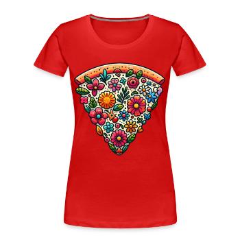 Graphic Humor Pizza Slice with Flowers - Women's Premium Organic T-Shirt - red - Front - Mia (176cm)