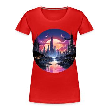 Paysage urbain cyberpunk futuriste, style synthwave - T-shirt bio Premium Femme - rouge - Devant - Mia (176cm)