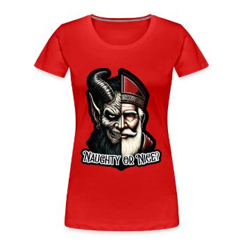 "Frecher oder netter Weihnachtsmann mit zwei Gesichtern VS Krampus - Frauen Premium Bio T-Shirt - Rot - Vorne - Mia (176cm)