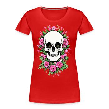 Skull Blütenschädel Totenkopf Schädel mit Blumen - Frauen Premium Bio T-Shirt - Rot - Vorne - Mia (176cm)