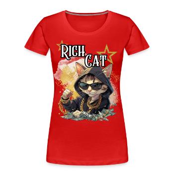 Rich Cat, Humor, Spaß, Fun, Cool, Luxus, Reich, - Frauen Premium Bio T-Shirt - Rot - Vorne - Mia (176cm)