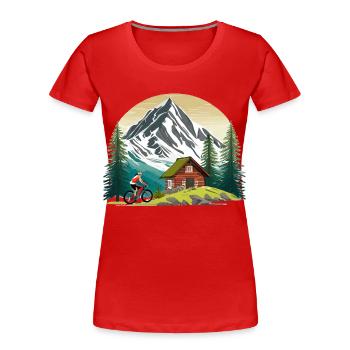 VTT devant un refuge de montagne - T-shirt bio Premium Femme - rouge - Devant - Mia (176cm)
