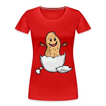 Cacahuète Noix Coquille d’oeuf Naissance Bébé Hourra - T-shirt bio Premium Femme - rouge - Devant - Mia (176cm)