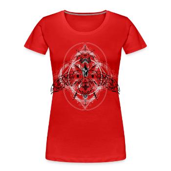 Motif géométriquement psychédélique d’insectes - T-shirt bio Premium Femme - rouge - Devant - Mia (176cm)