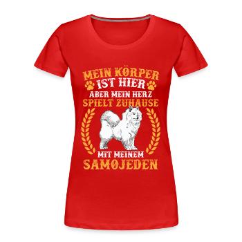 Samojede spielt zuhause Samojedenspitz - Frauen Premium Bio T-Shirt - Rot - Vorne - Mia (176cm)