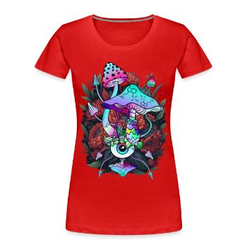 Psychedelic Mushroom - Eyes Art with Flowers - Women's Premium Organic T-Shirt - red - Front - Mia (176cm)