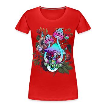 Psychedelischer Pilz mit Auge und Blumen - Frauen Premium Bio T-Shirt - Rot - Vorne - Mia (176cm)