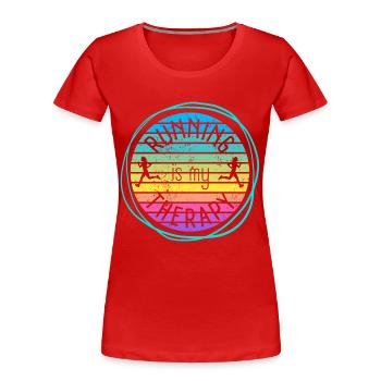 Laufen ist meine Therapie Retro Sonnenuntergang - Frauen Premium Bio T-Shirt - Rot - Vorne - Mia (176cm)