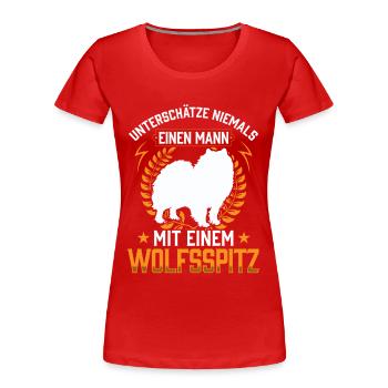 Mann mit Wolfsspitz unterschätzen Deutscher Spitz - Frauen Premium Bio T-Shirt - Rot - Vorne - Mia (176cm)