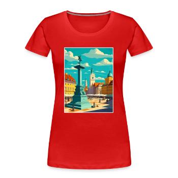 Warsaw Poland Cityscape Retro Travel Poster - Women's Premium Organic T-Shirt - red - Front - Mia (176cm)