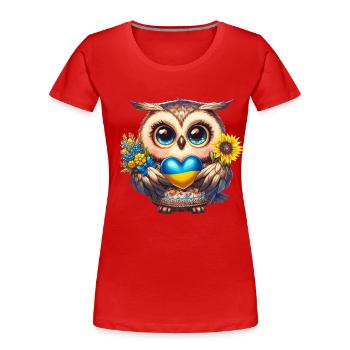 Niedliche Eule mit einem blau gelben Herz - Frauen Premium Bio T-Shirt - Rot - Vorne - Mia (176cm)