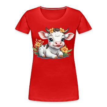 Cute baby cow calf on flower meadow - Women's Premium Organic T-Shirt - red - Front - Mia (176cm)