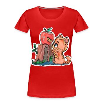 Kleines Kätzchen und der Wurm im Apfel - Frauen Premium Bio T-Shirt - Rot - Vorne - Mia (176cm)