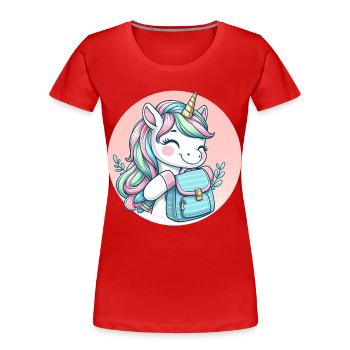 Einhorn Pastell Unicorn mit Schulranzen - Frauen Premium Bio T-Shirt - Rot - Vorne - Mia (176cm)