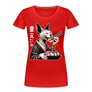 Eine glückliche Sphynx Katze, die im Kimono Sushi - Frauen Premium Bio T-Shirt - Rot - Vorne - Mia (176cm)