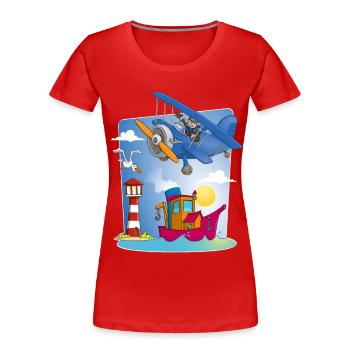 soleil, mer, avion, bateau phare et mouette - T-shirt bio Premium Femme - rouge - Devant - Mia (176cm)