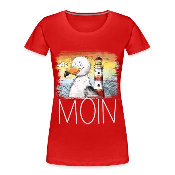 Moin Spruch Möwe Meer Leuchtturm Sonnenuntergang - Frauen Premium Bio T-Shirt - Rot - Vorne - Mia (176cm)