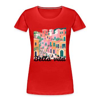 Farbenfrohes mediterranes Reihendorf - Frauen Premium Bio T-Shirt - Rot - Vorne - Mia (176cm)
