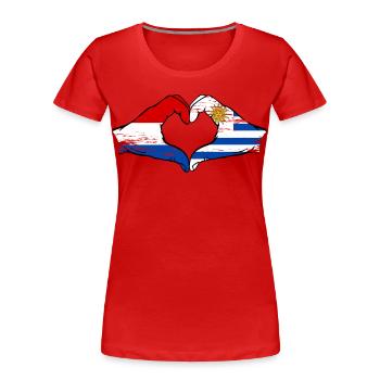 Hollande Uruguay Drapeau Mains Coeur Utilisé - T-shirt bio Premium Femme - rouge - Devant - Mia (176cm)
