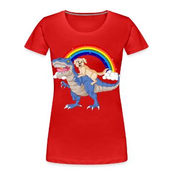Skurriler Dinosaurier & Golden Retriever Rainbow - Frauen Premium Bio T-Shirt - Rot - Vorne - Mia (176cm)