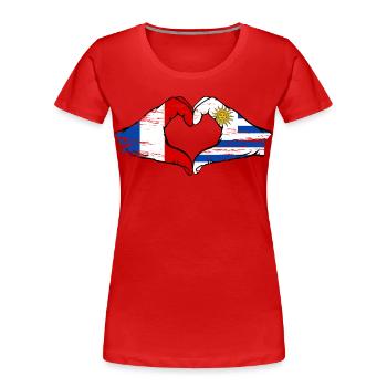 France Uruguay Drapeau Mains Coeur Utilisé - T-shirt bio Premium Femme - rouge - Devant - Mia (176cm)