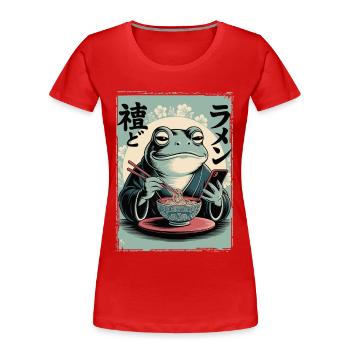 Lustiger Frosch, mürrisch, Japanische Kunst, Ramen - Frauen Premium Bio T-Shirt - Rot - Vorne - Mia (176cm)