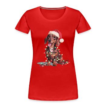 Dackel mit Weihnachtslichtern und Santa-Hut - Frauen Premium Bio T-Shirt - Rot - Vorne - Mia (176cm)