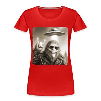 Rock, Rocker, Rock Musik, Rock Hand, Bigfoot UFO - Frauen Premium Bio T-Shirt - Rot - Vorne - Mia (176cm)