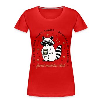 Raccoon with matcha tea humor kawaii aesthetic - Women's Premium Organic T-Shirt - red - Front - Mia (176cm)