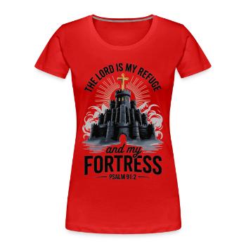 Faith T-shirt with castle, cross and Bible verse - Women's Premium Organic T-Shirt - red - Front - Mia (176cm)