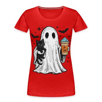 Halloween-Geist mit Katze und Kaffee - Frauen Premium Bio T-Shirt - Rot - Vorne - Mia (176cm)