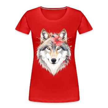 Wolfskopf mit Blumenkranz - Frauen Premium Bio T-Shirt - Rot - Vorne - Mia (176cm)