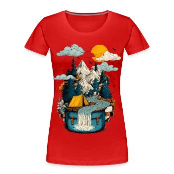 Mountain Lake Path - Camping Backpacker Motif - Women's Premium Organic T-Shirt - red - Front - Mia (176cm)