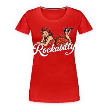 Rockabilly Pin-Up Frau 50er liegend Petticoat rot - Frauen Premium Bio T-Shirt - Rot - Vorne - Mia (176cm)