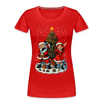 Dabbing Santa & Mrs Claus vor Weihnachtsbaum - Frauen Premium Bio T-Shirt - Rot - Vorne - Mia (176cm)