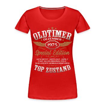 Cadeau du 50e anniversaire Voiture Classique décembre 1975 - T-shirt bio Premium Femme - rouge - Devant - Mia (176cm)