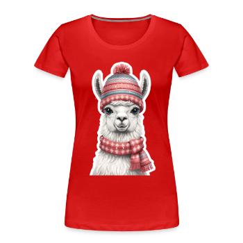 Winterlama mit Strickmütze und Schal - Frauen Premium Bio T-Shirt - Rot - Vorne - Mia (176cm)