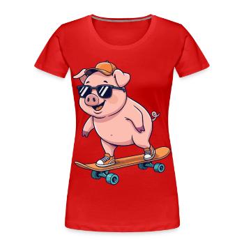 Funny Pig Skating on Skateboard Cartoon Skater - Women's Premium Organic T-Shirt - red - Front - Mia (176cm)