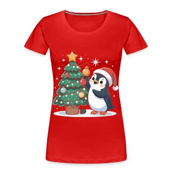 Pinguin schmückt Weihnachtsbaum - Frauen Premium Bio T-Shirt - Rot - Vorne - Mia (176cm)