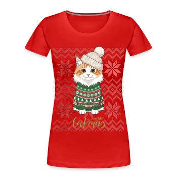 Katzenweihnachten im grünen und beigefarbenen Pullover - Frauen Premium Bio T-Shirt - Rot - Vorne - Mia (176cm)