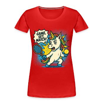Tennis Unicorn Retro, Game Set Match, Fun - Women's Premium Organic T-Shirt - red - Front - Mia (176cm)