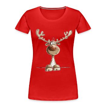 Funny Reindeer Cartoon Motif Christmas - Women's Premium Organic T-Shirt - red - Front - Mia (176cm)
