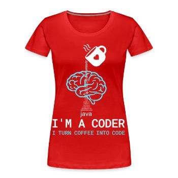 Coder T-Shirt: Coffee into Code – Nerdy Programmie - Women's Premium Organic T-Shirt - red - Front - Mia (176cm)